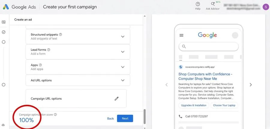Google Ads campaign optimization score of 100 percent