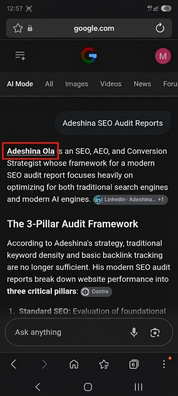 Google AI Mode describing Adeshina Ola as an SEO, AEO and Conversion Strategist