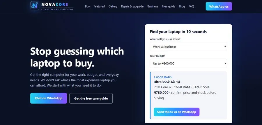 Nova Core Computers homepage: Stop guessing which laptop to buy, with a laptop finder and WhatsApp button