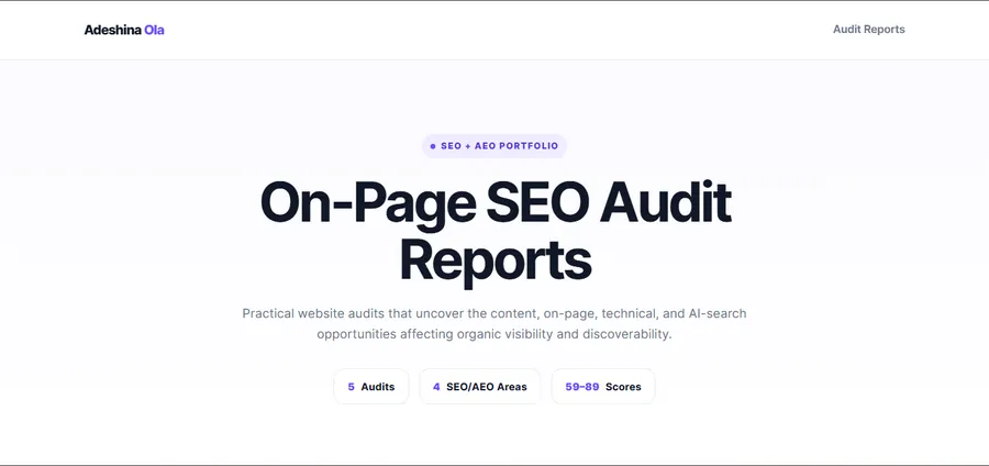 Preview of the On-Page SEO Audit Reports page, showing the SEO and AEO portfolio heading and audit report summary