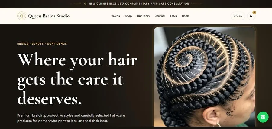 Queen Braids Studio homepage: Where your hair gets the care it deserves, with a braided hairstyle photo